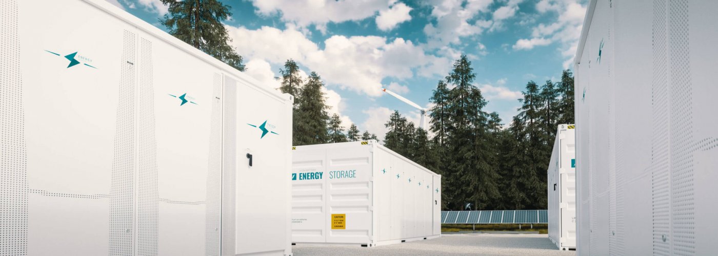 Modern container battery green energy storage system accompanied with solar panels and wind turbine situated in nature 3d rendering.
